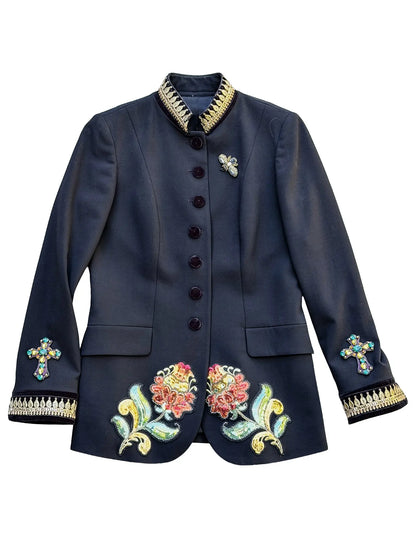 Starlight Madonna Wool & Silk Embroidered Jacket with Velvet Details