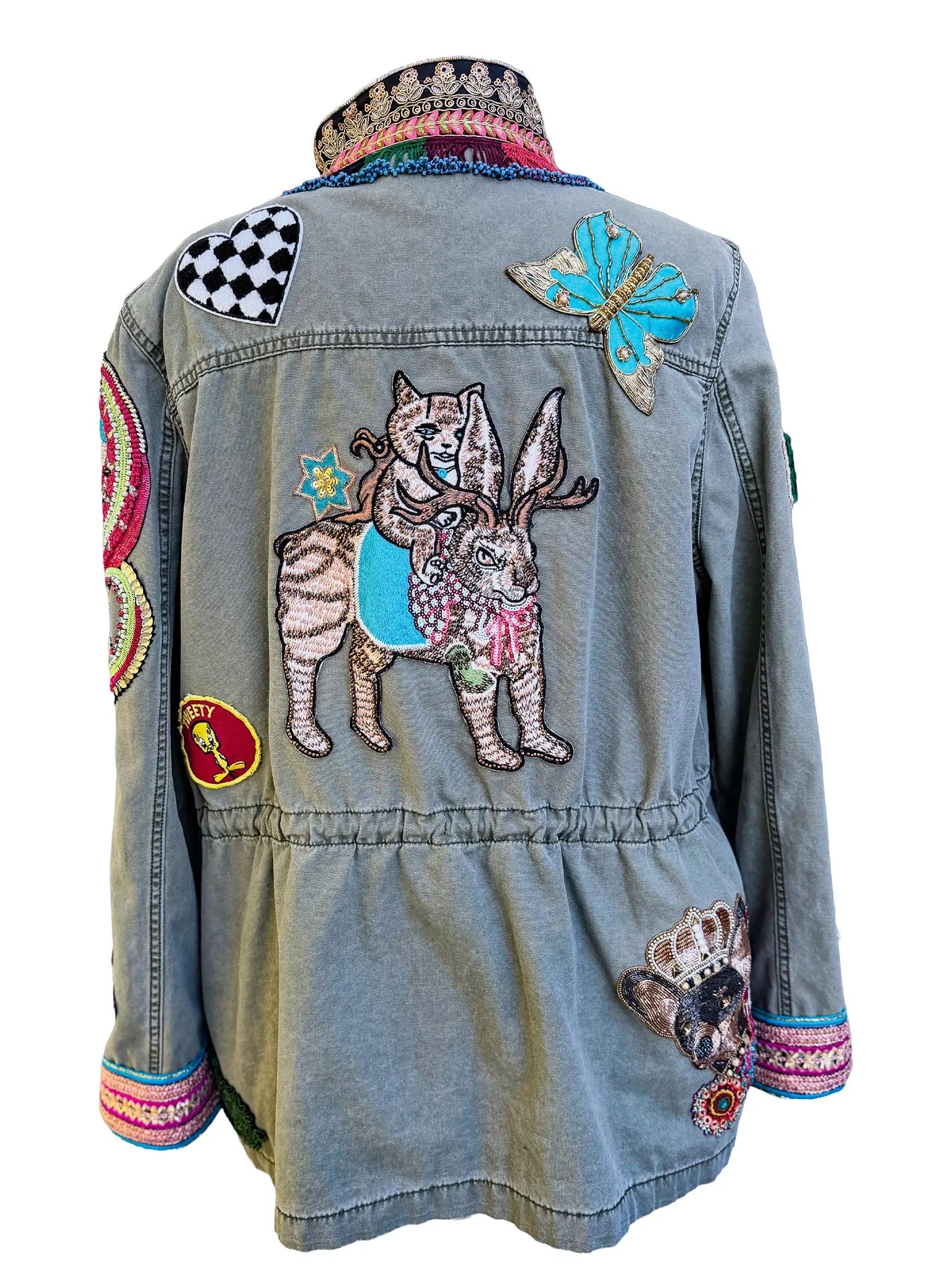 Urban Serengeti Embellished Safari Jacket with Beaded Menagerie