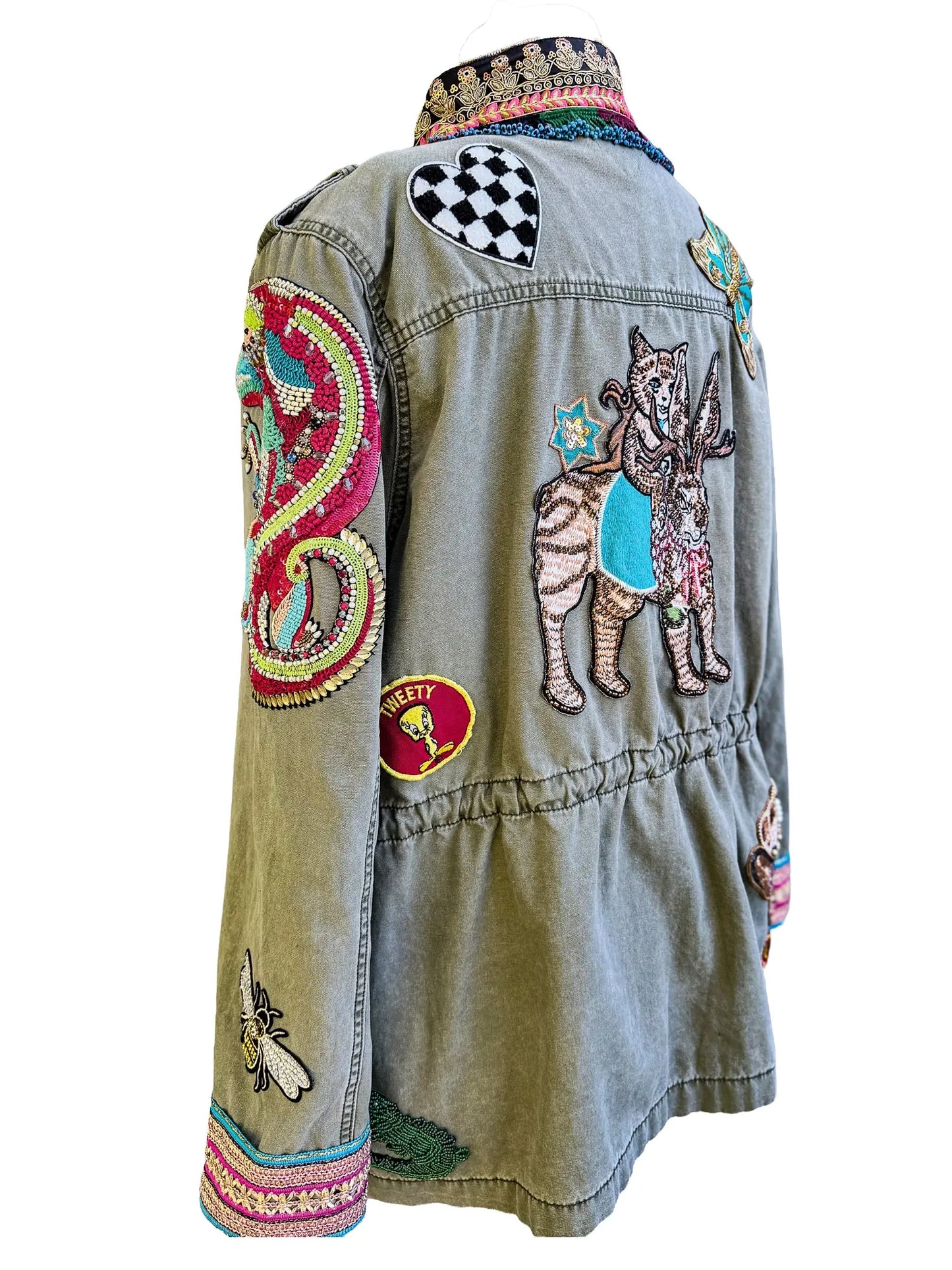 Urban Serengeti Embellished Safari Jacket with Beaded Menagerie