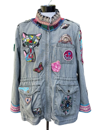 Urban Serengeti Embellished Safari Jacket with Beaded Menagerie