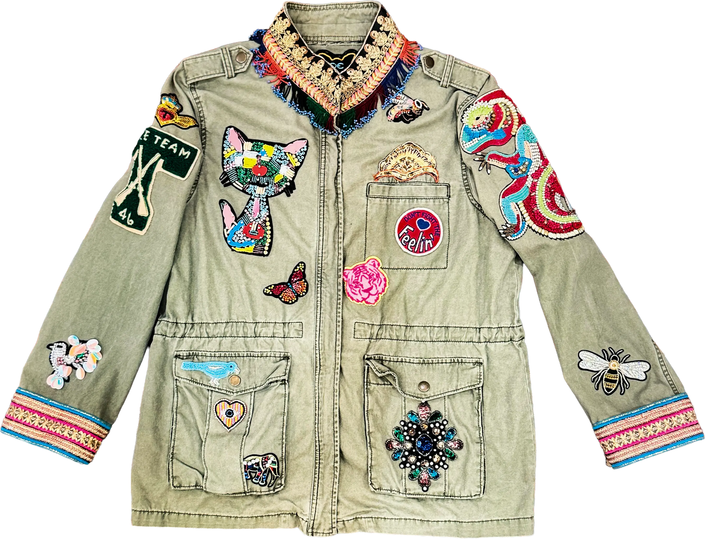 Urban Serengeti Embellished Safari Jacket with Beaded Menagerie
