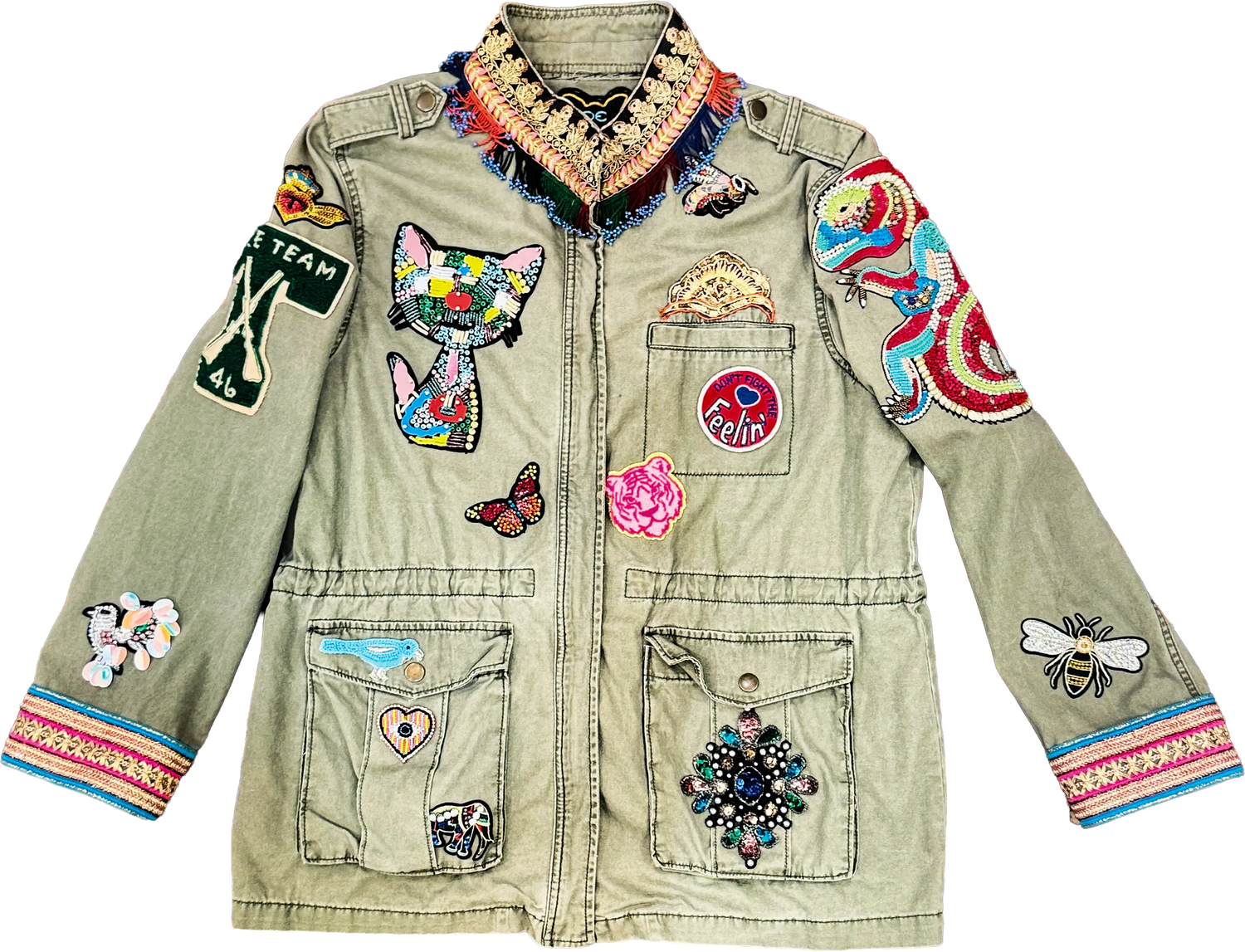 Urban Serengeti Embellished Safari Jacket with Beaded Menagerie