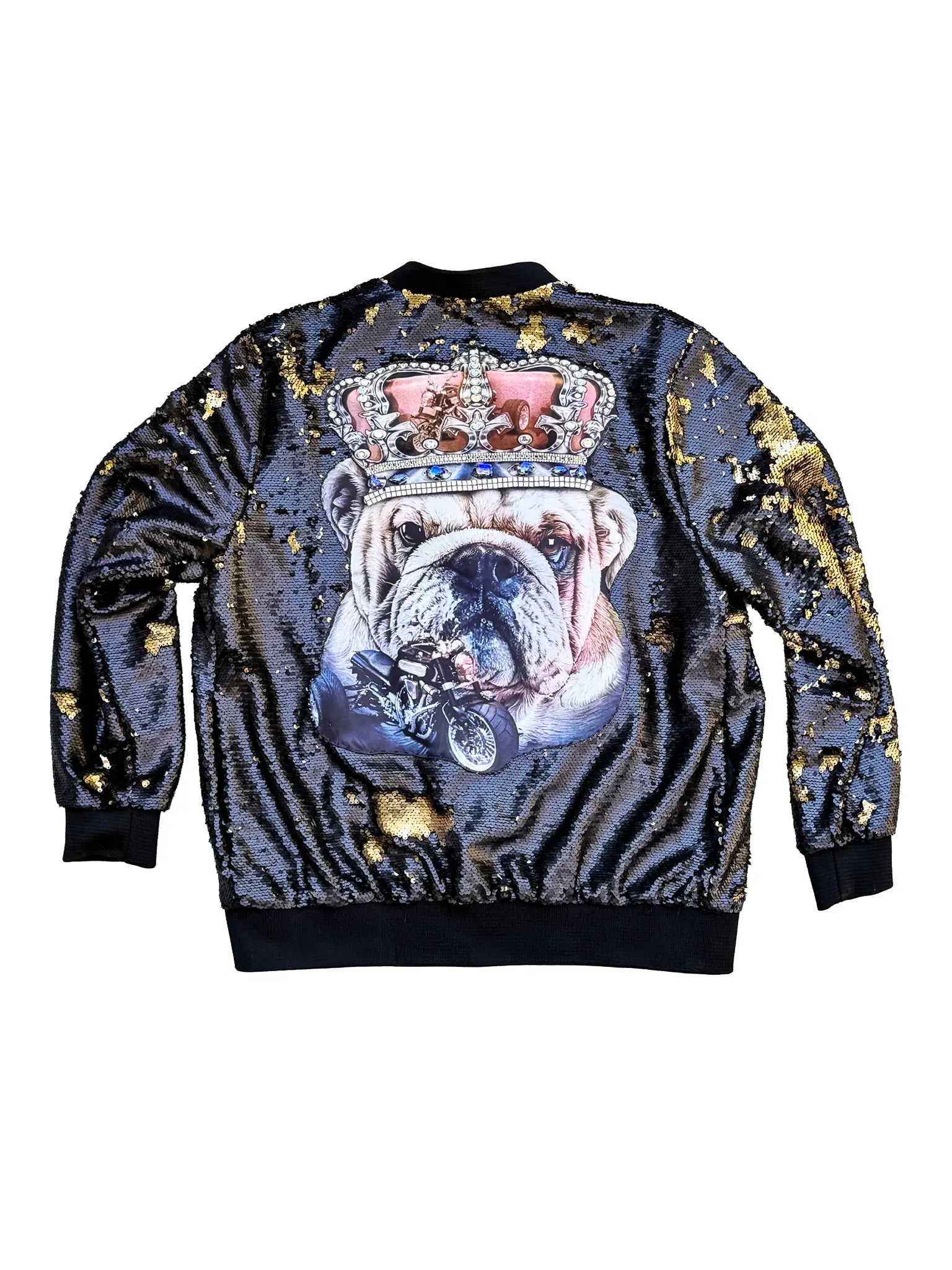 Dog Gone Black & Gold Sequin Bomber Jacket with Crowned Hound