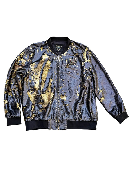 Dog Gone Black & Gold Sequin Bomber Jacket with Crowned Hound