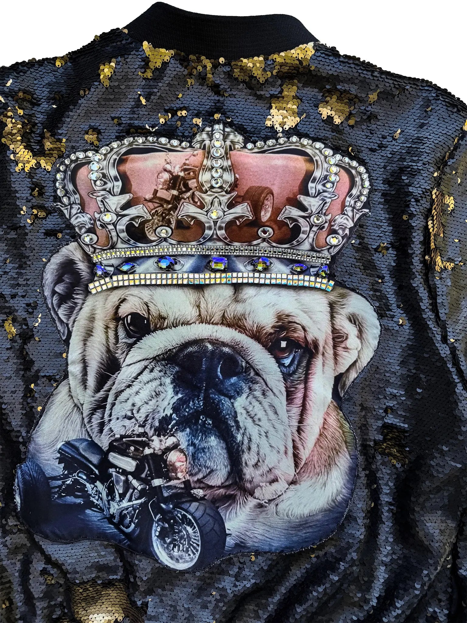 Dog Gone Black & Gold Sequin Bomber Jacket with Crowned Hound
