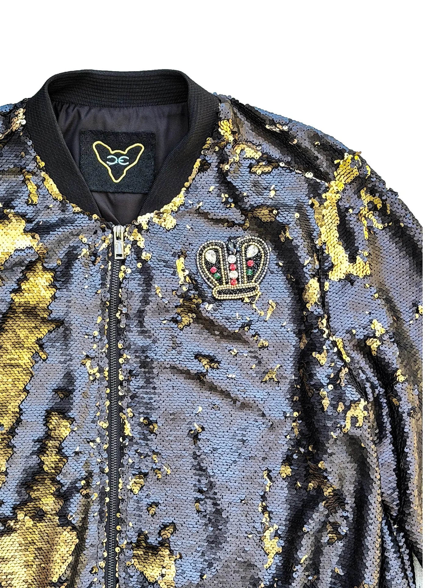 Dog Gone Black & Gold Sequin Bomber Jacket with Crowned Hound
