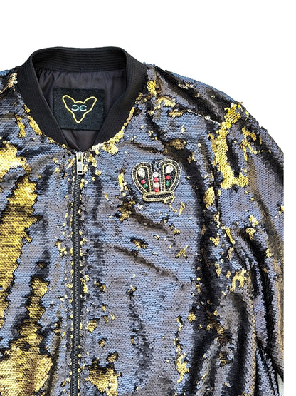 Dog Gone Black & Gold Sequin Bomber Jacket with Crowned Hound