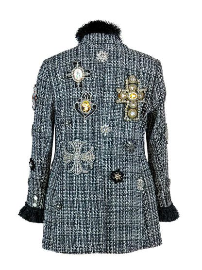 Blessed Black & White Tweed Jacket with Rhinestone & Pearl Icons