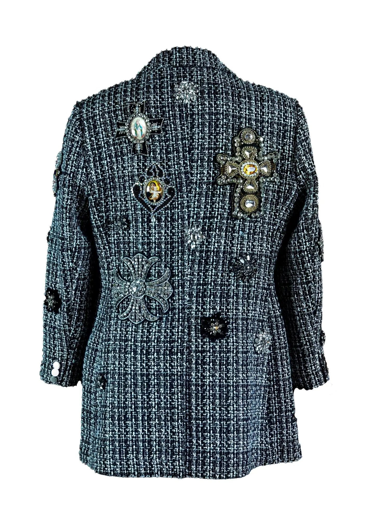 Blessed Black & White Tweed Jacket with Rhinestone & Pearl Icons