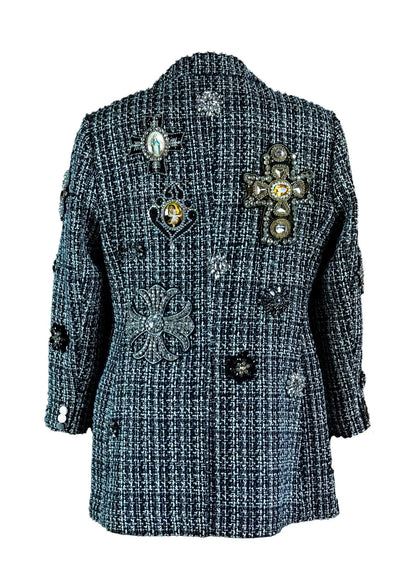 Blessed Black & White Tweed Jacket with Rhinestone & Pearl Icons