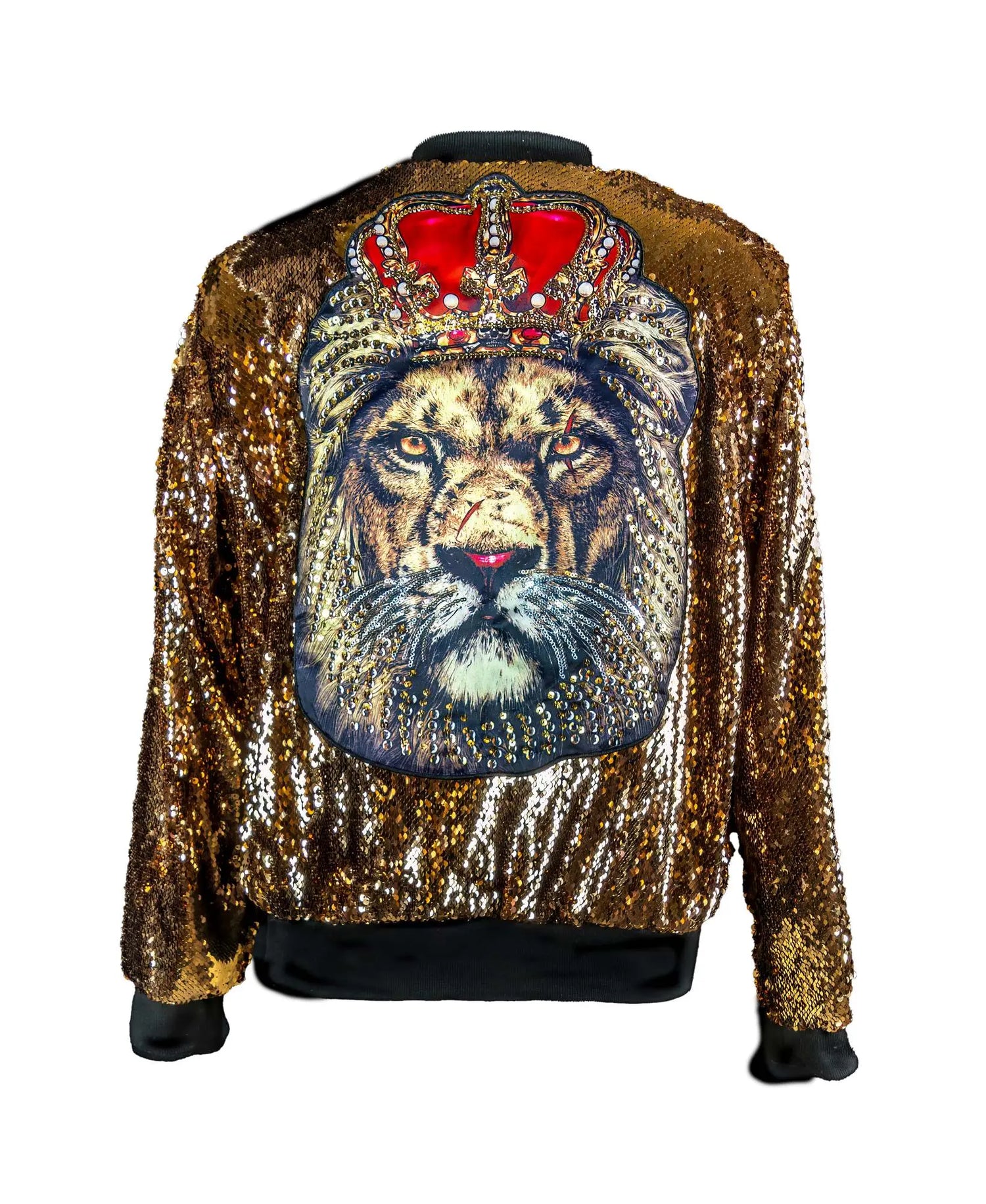 Jungle King Gold Sequin Bomber Jacket with Lion Applique