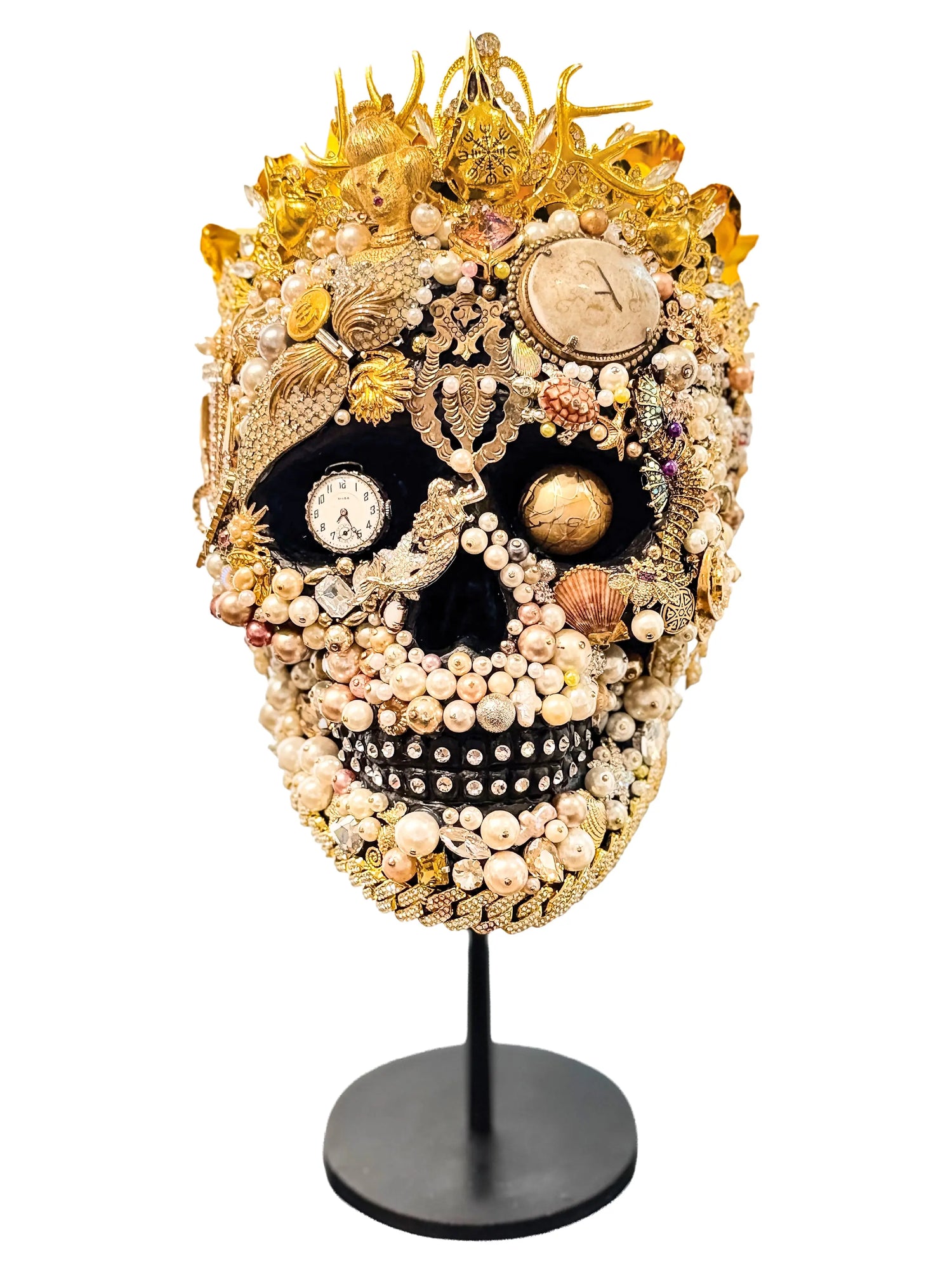 "The Gold & Pearl Skull" - Mixed Media Assemblage by Cassie Edmonds