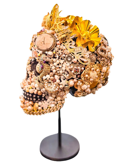 "The Gold & Pearl Skull" - Mixed Media Assemblage by Cassie Edmonds