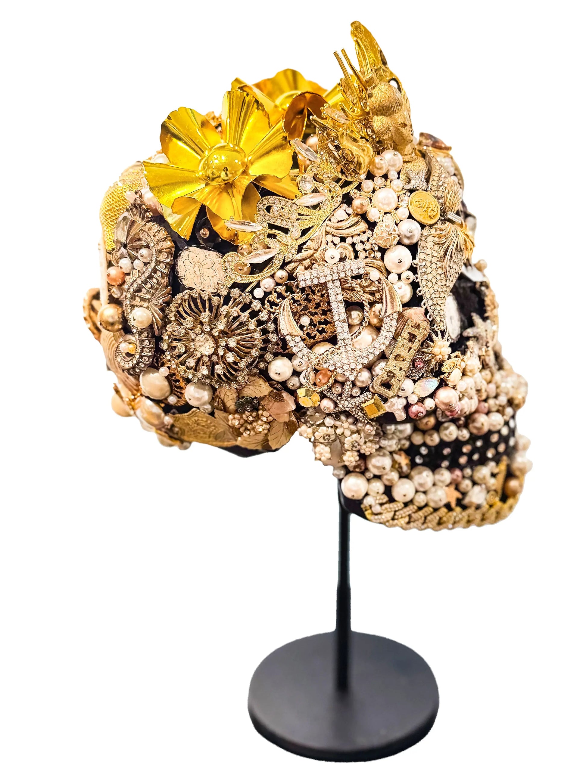 "The Gold & Pearl Skull" - Mixed Media Assemblage by Cassie Edmonds