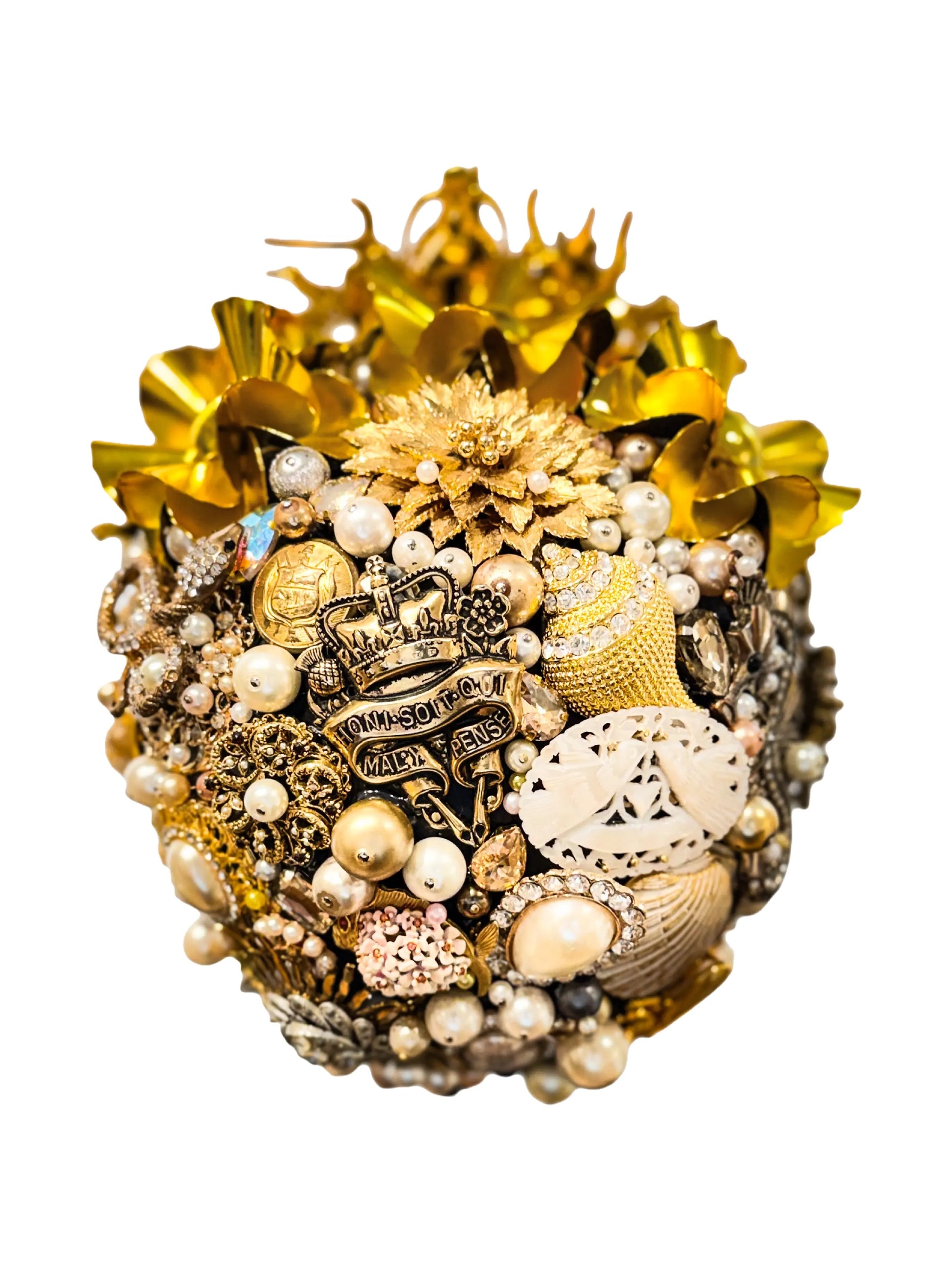 "The Gold & Pearl Skull" - Mixed Media Assemblage by Cassie Edmonds