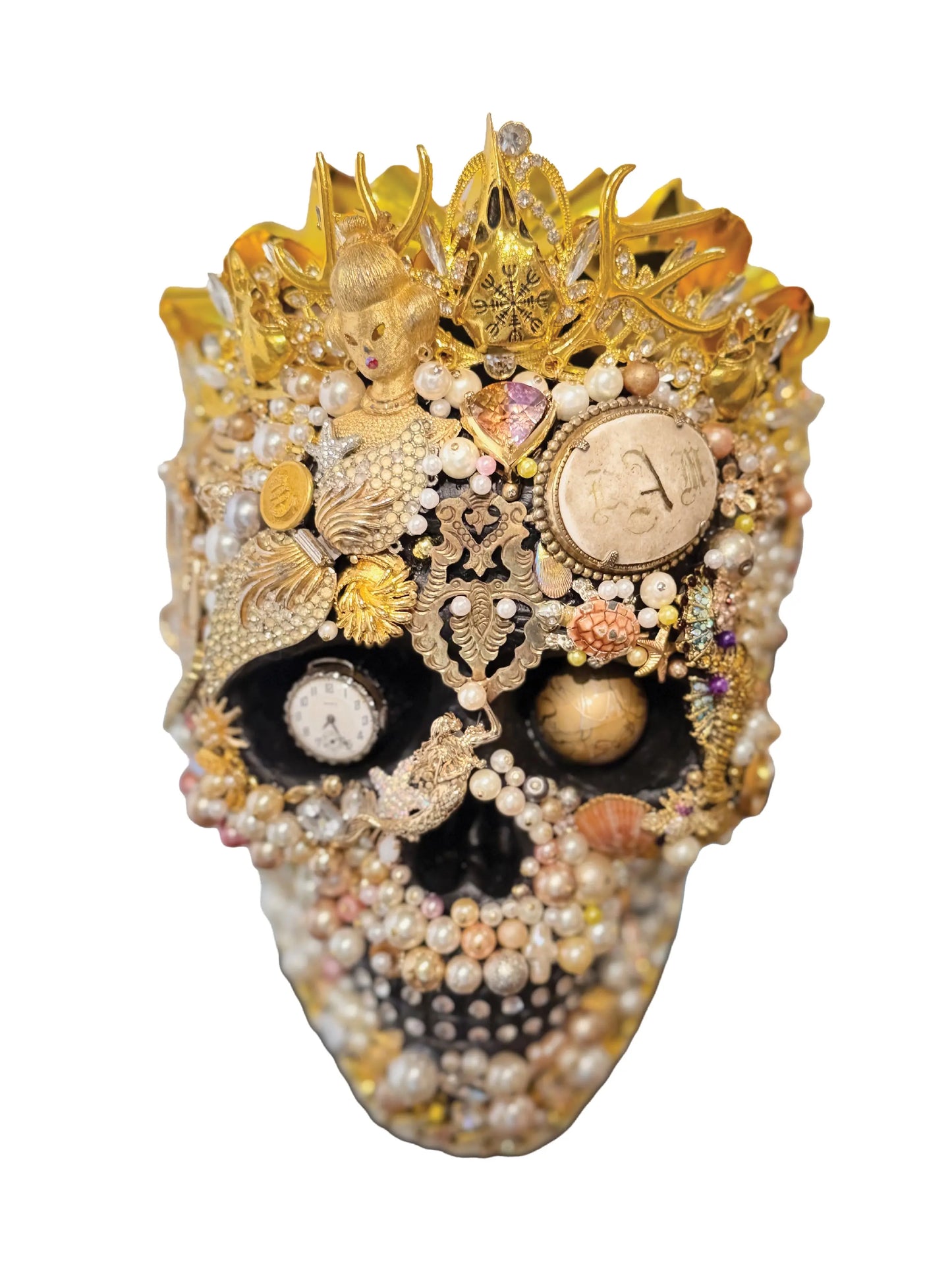 "The Gold & Pearl Skull" - Mixed Media Assemblage by Cassie Edmonds