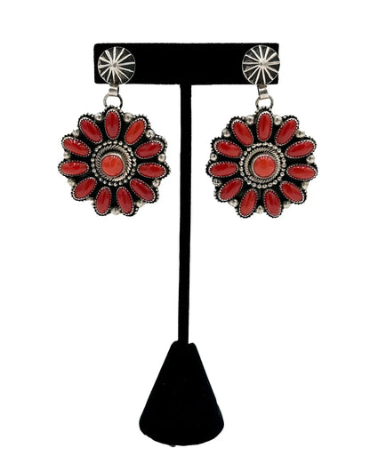 Red Floral Coral Disc Earrings