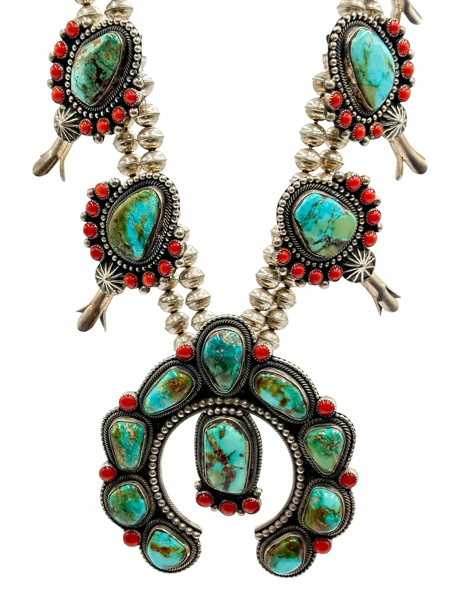 Turquoise & Coral Squash Blossom Necklace