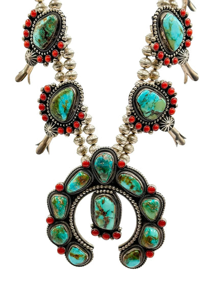 Turquoise & Coral Squash Blossom Necklace