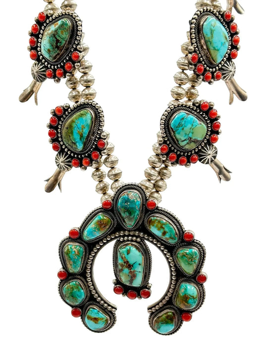 Turquoise & Coral Squash Blossom Necklace