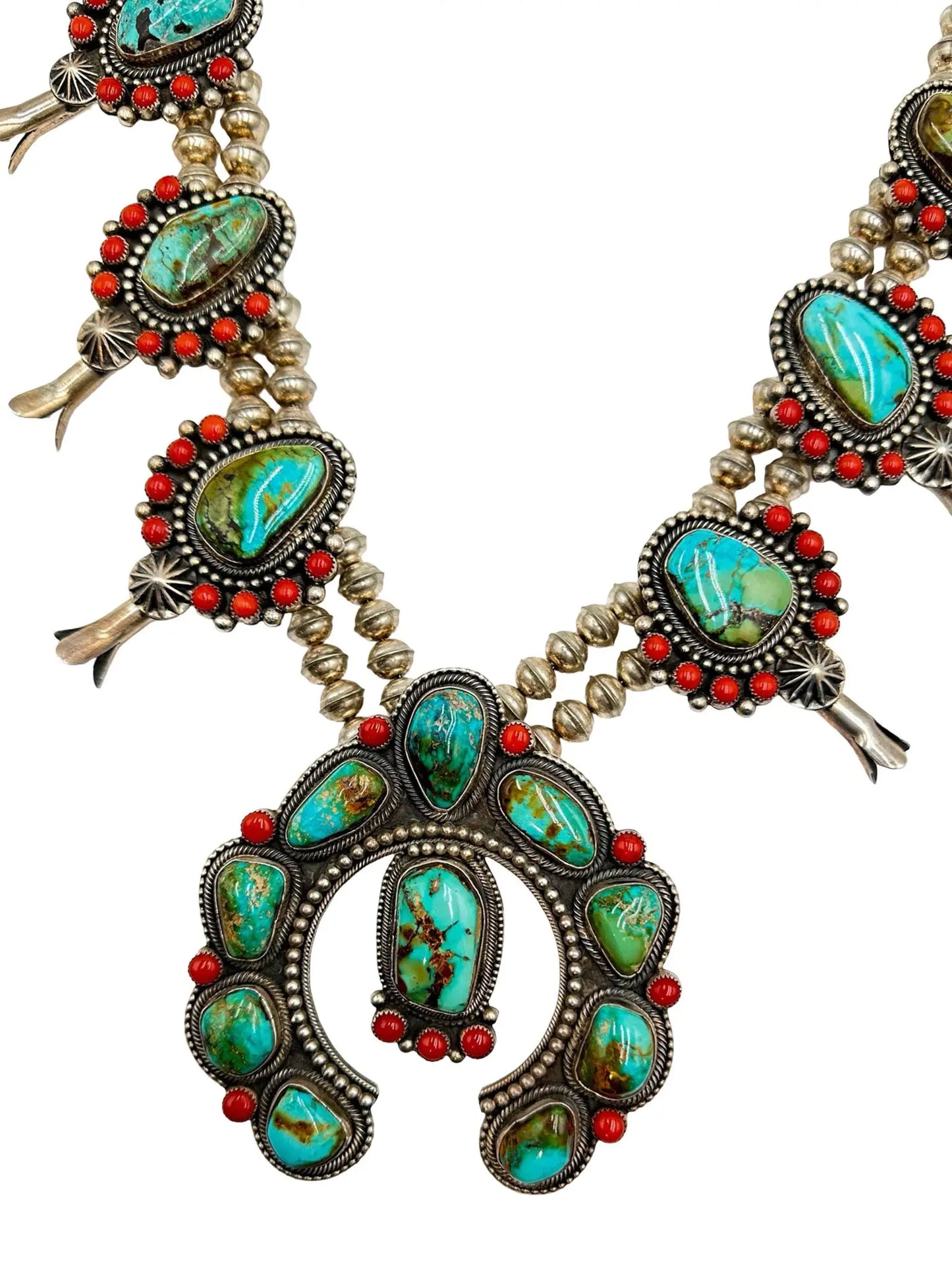 Turquoise & Coral Squash Blossom Necklace