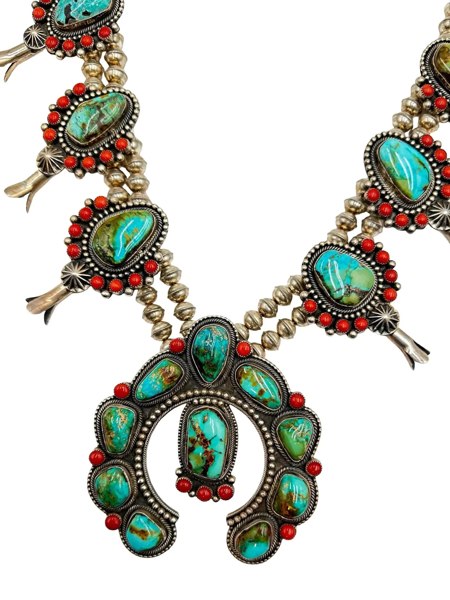Turquoise & Coral Squash Blossom Necklace
