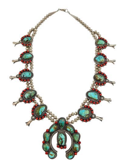 Turquoise & Coral Squash Blossom Necklace