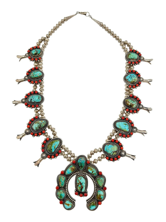 Turquoise & Coral Squash Blossom Necklace