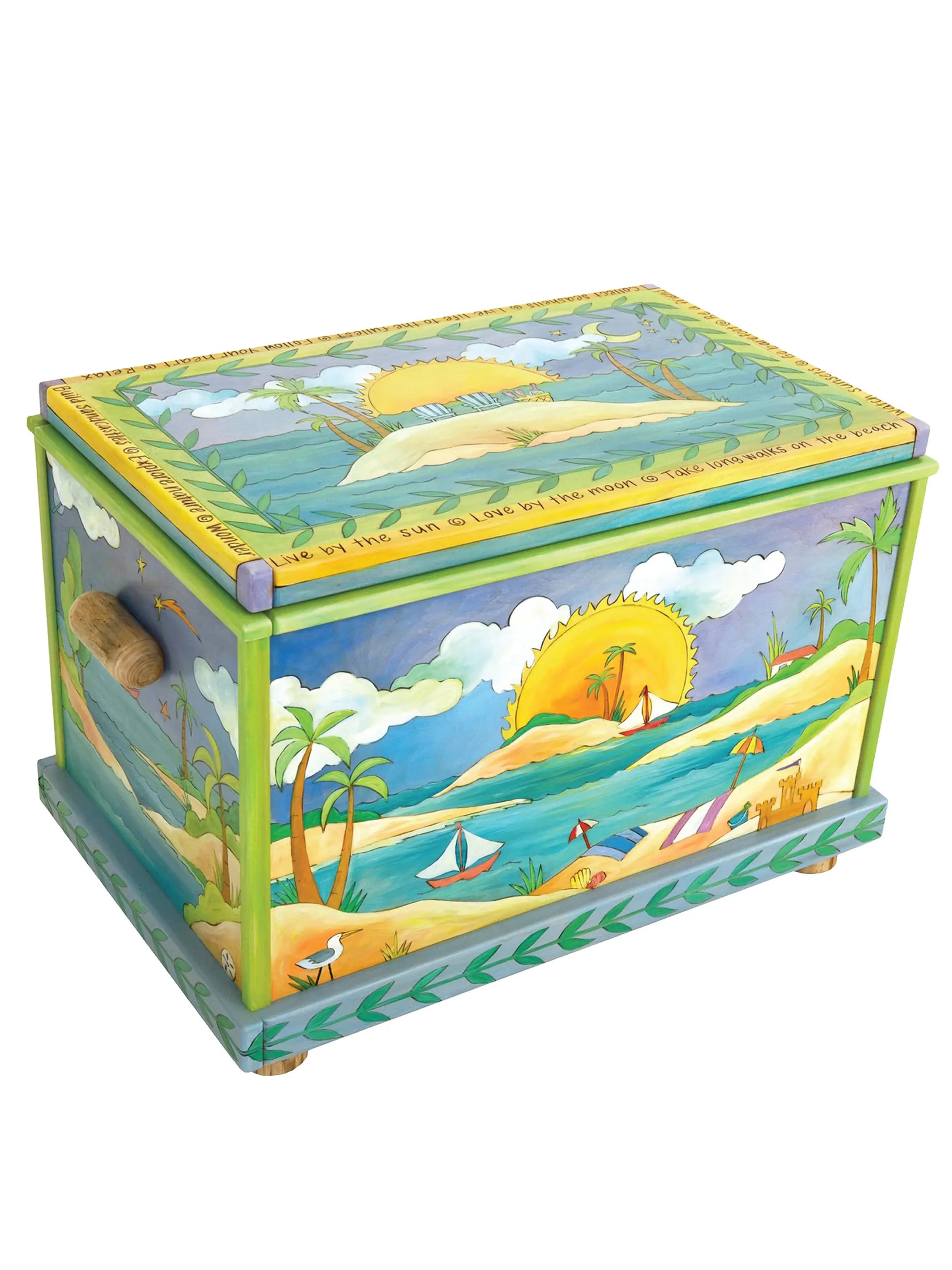 This handcrafted wooden chest features hand-painted seaside scenes, including sailboats, sandy shores, and a sunset framed by palm trees. Decorated with inspiring phrases like "Live by the sun" and "Explore Nature," it serves as a charming storage solution or cozy window bench for coastal homes. Measuring 35" wide, 24" high, and 22.5" deep, it’s crafted in the USA and ideal for enhancing coastal decor while providing functional storage.