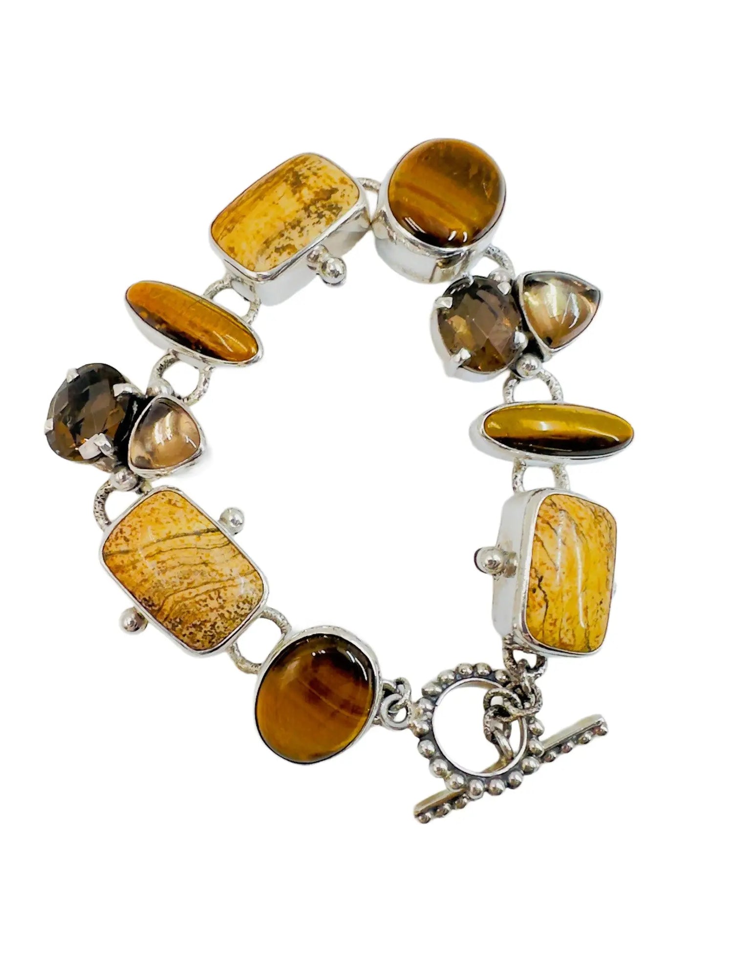 Tiger Eye, Jasper & Smokey Topaz Silver Station Bracelet