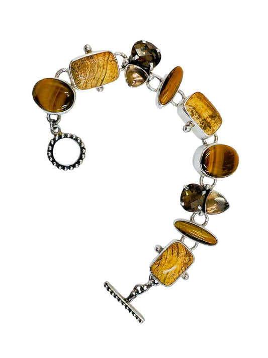 Tiger Eye, Jasper & Smokey Topaz Silver Station Bracelet