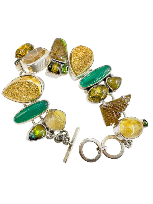 Boulder Opal, Ammolite & Druzy Silver Station Bracelet