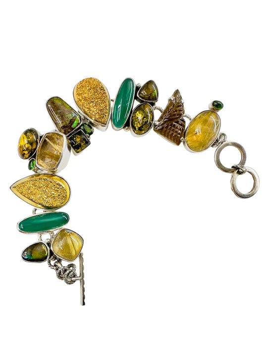 Boulder Opal, Ammolite & Druzy Silver Station Bracelet