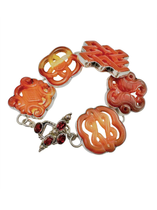 Carnelian & Cynabar Jade Sterling Silver Station Bracelet