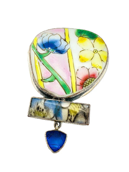 Hand-Painted Floral Tile Sterling Silver Pin/Pendant