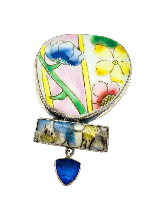 Hand-Painted Floral Tile Sterling Silver Pin/Pendant