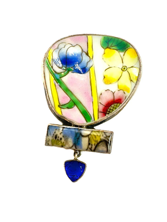 Hand-Painted Floral Tile Sterling Silver Pin/Pendant