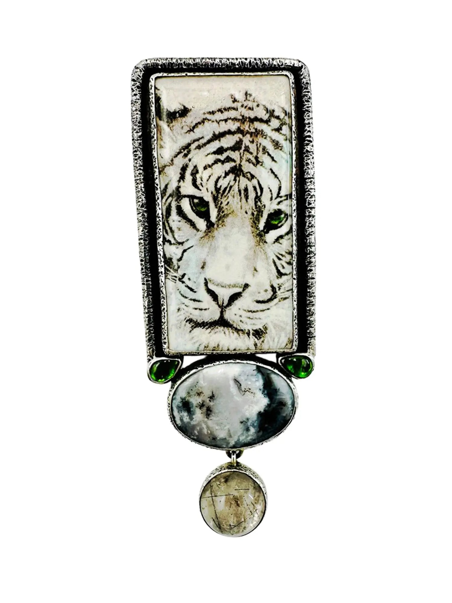 Hand-Painted White Tiger Sterling Silver Pin/Pendant