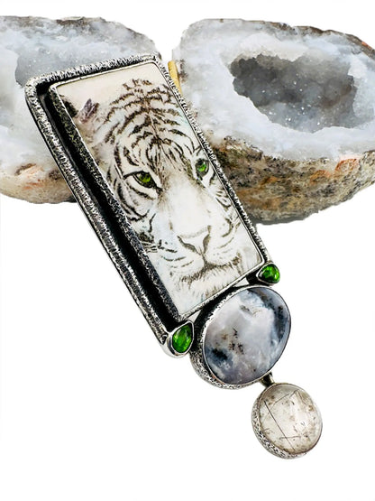 Hand-Painted White Tiger Sterling Silver Pin/Pendant