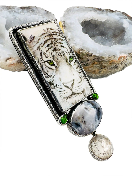 Hand-Painted White Tiger Sterling Silver Pin/Pendant