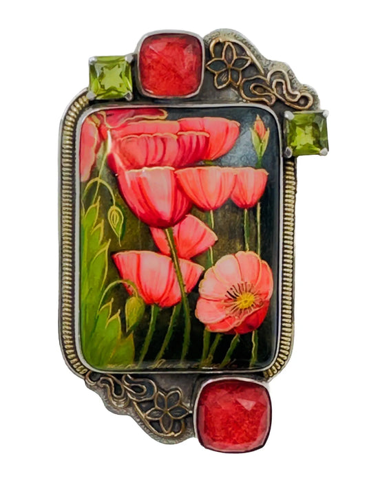 Hand-Painted Poppies on Black Onyx Sterling Silver Pin/Pendant