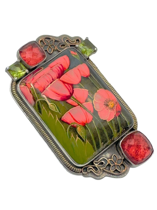 Hand-Painted Poppies on Black Onyx Sterling Silver Pin/Pendant