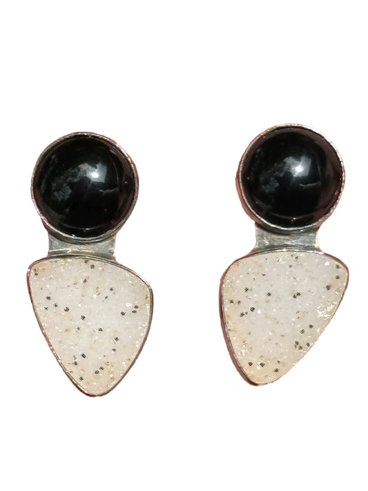 Brazilian Agate Druzy and Black Onyx Sterling Earrings