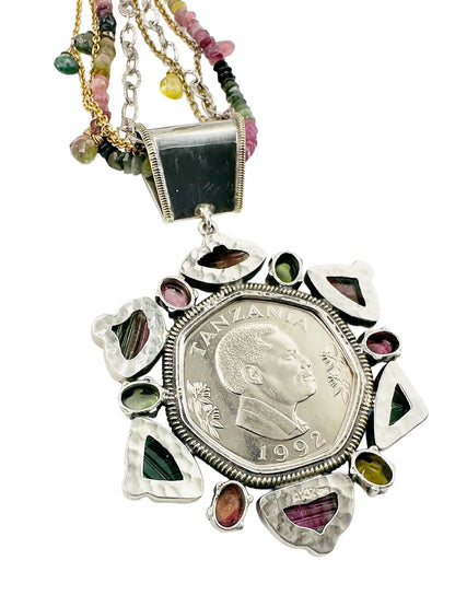 Elephant Coin Tourmaline Pendant Necklace