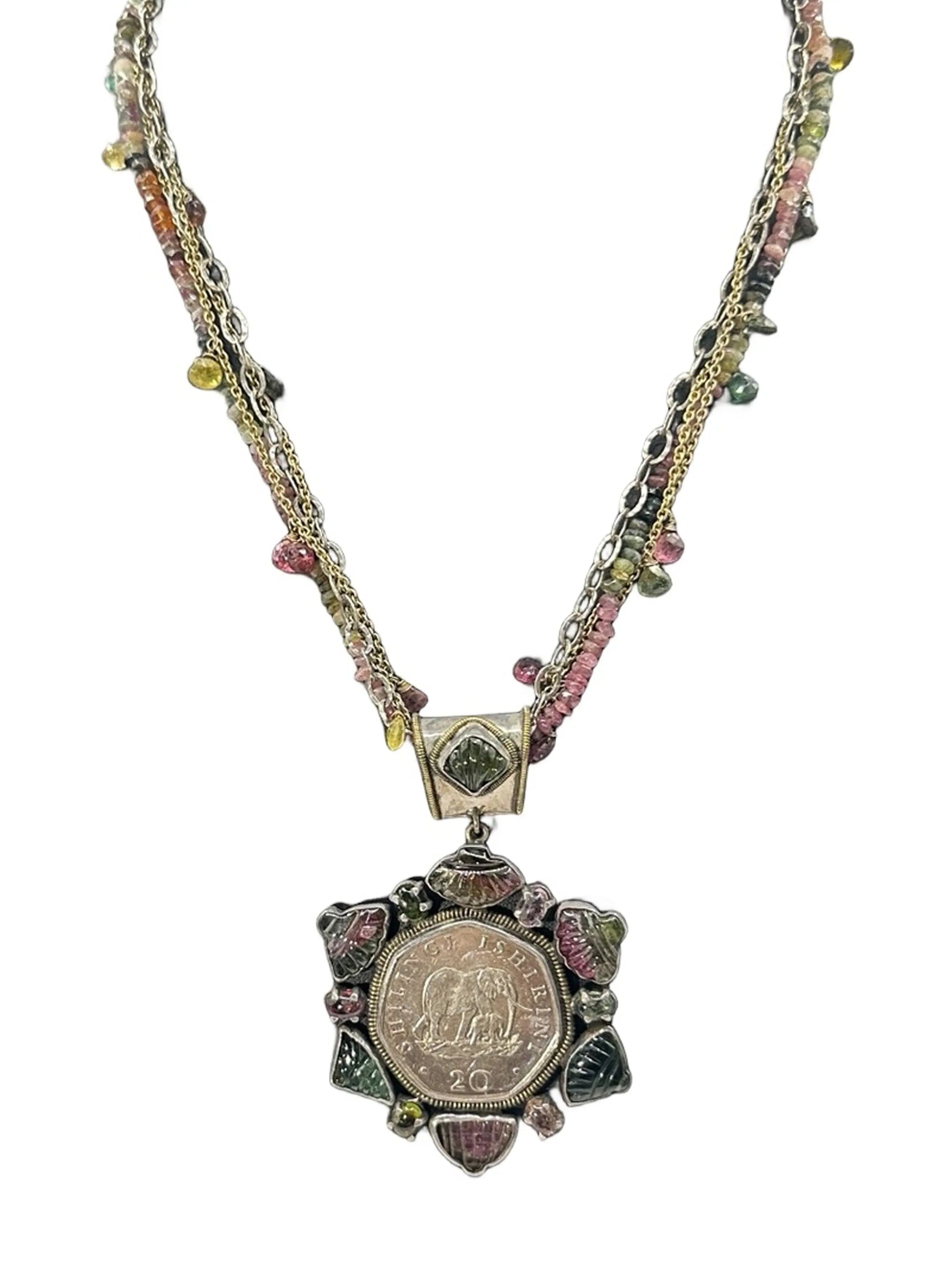 Elephant Coin Tourmaline Pendant Necklace