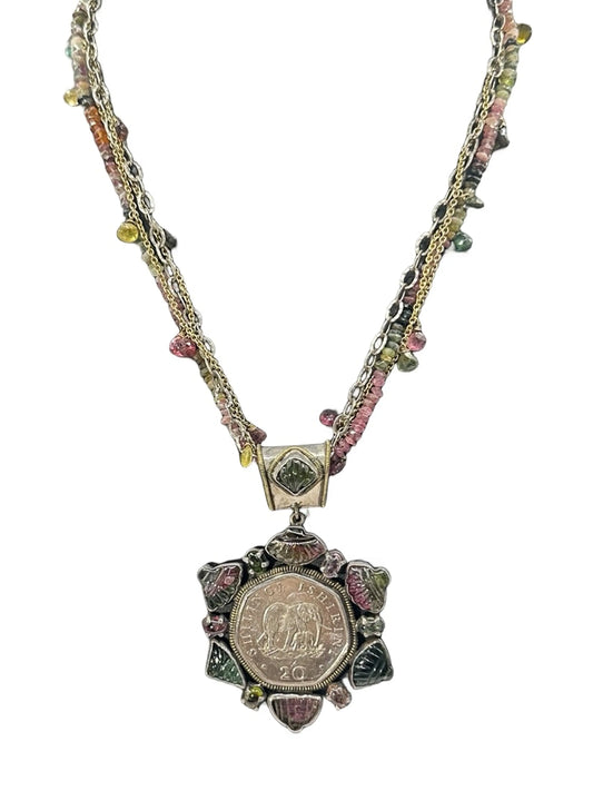 Elephant Coin Tourmaline Pendant Necklace