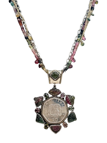 Elephant Coin Tourmaline Pendant Necklace