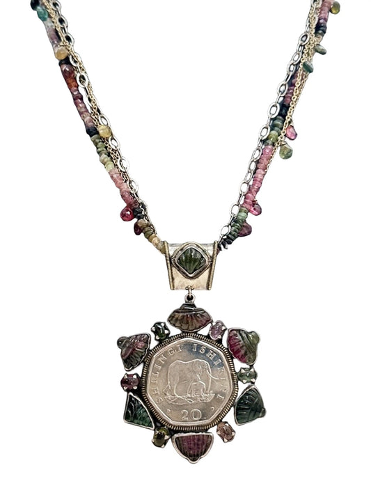 Elephant Coin Tourmaline Pendant Necklace