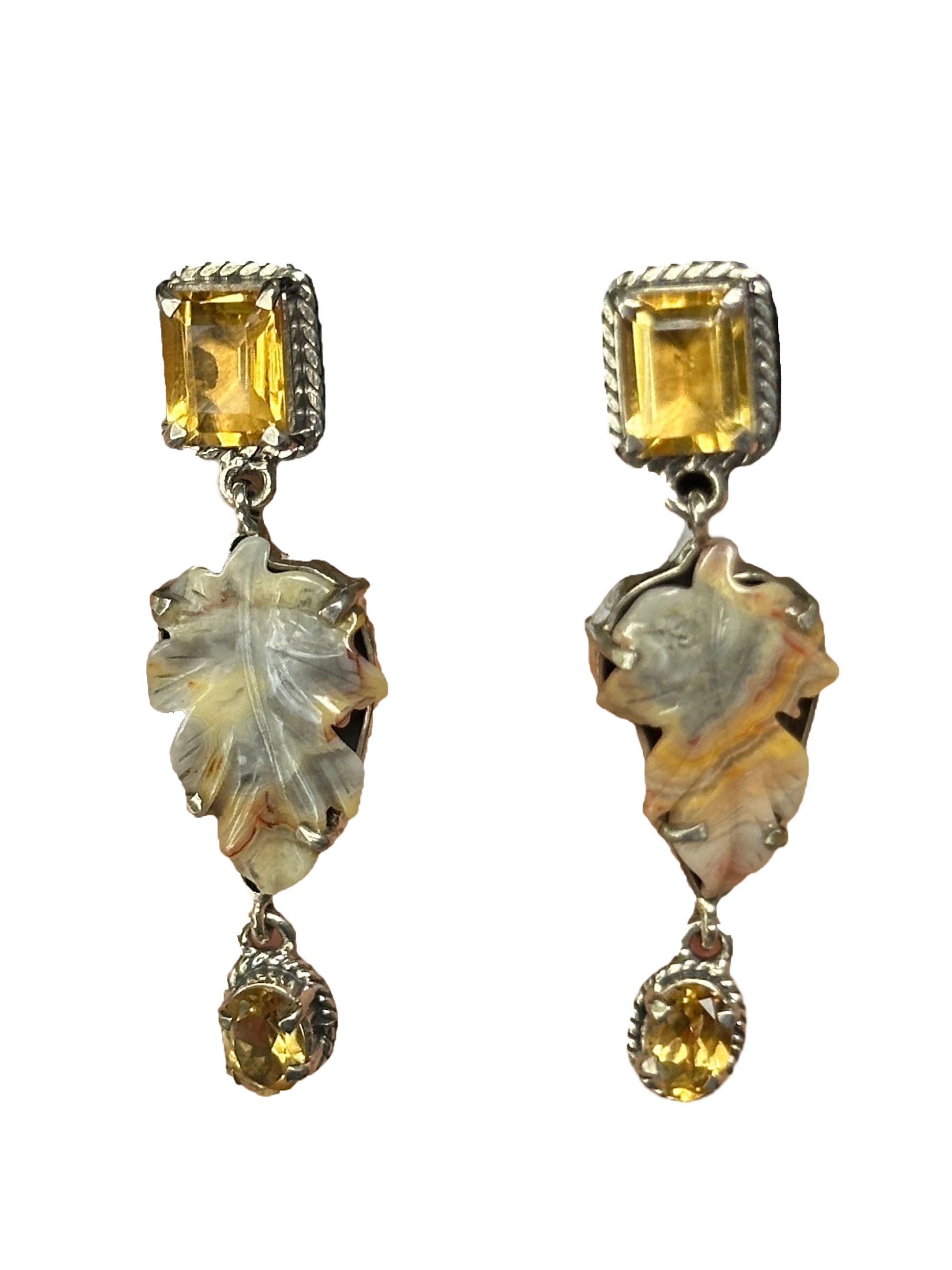 Carved Leaf Citrine Silver Post Earrings
