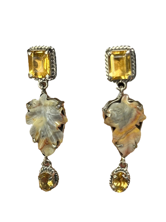Carved Leaf Citrine Silver Post Earrings